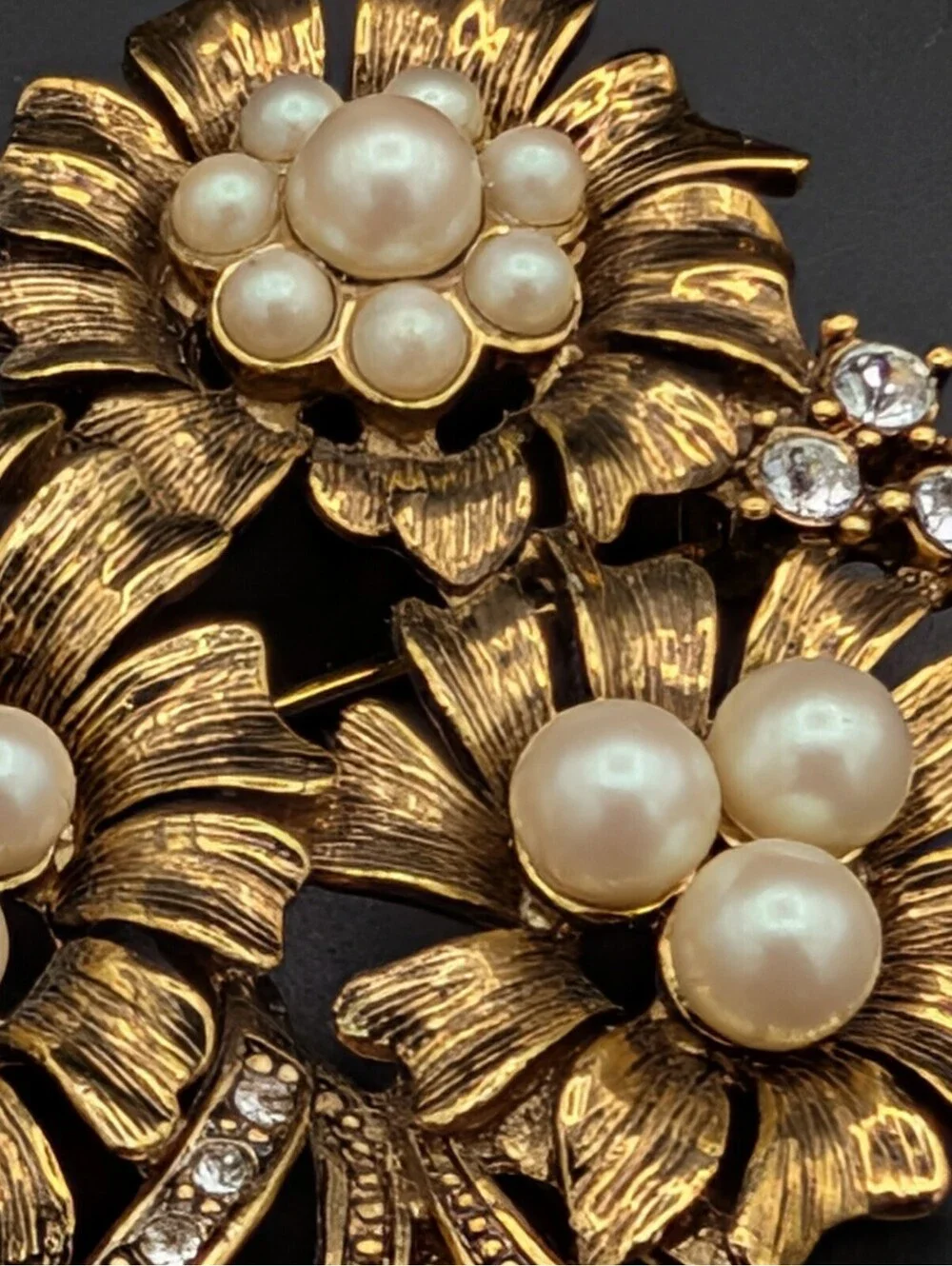 Vintage Monet Floral Bouquet Brooch Pin Gold Tone Faux Pearl Rhinestone Flower